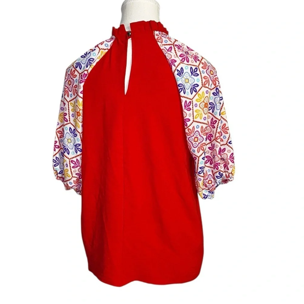 Haptics Red Women's Top with Multicolor Sleeves - Picture 2 of 12